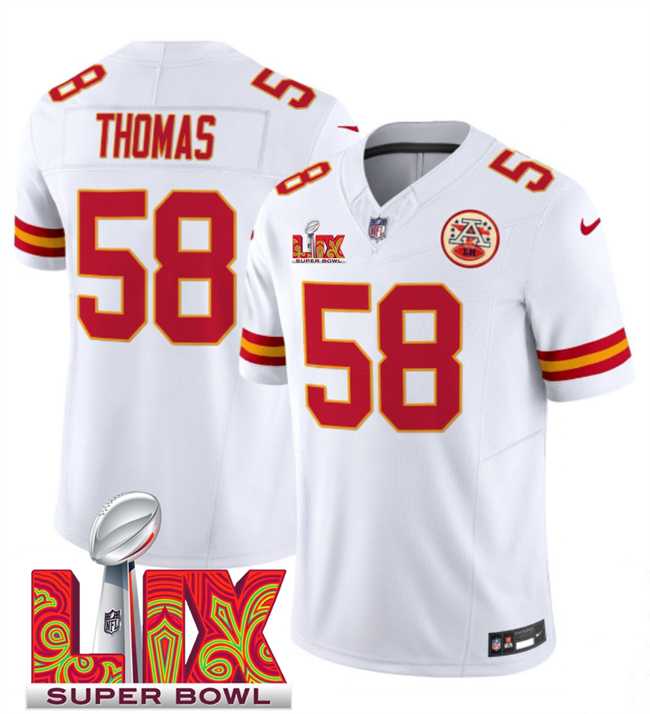 Men & Women & Youth Kansas City Chiefs #58 Derrick Thomas White 2025 Super Bowl LIX Patch F.U.S.E. Vapor Limited Stitched Jersey